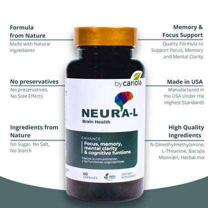 BY CARIOLA Neural-L Natural Brain Support Supplement 60 Caps - Mental Support – Memory Booster - Concentration - Natural Formula - Ashwagandha - L-Tyrosine - L-Theanine - Maple Wellness Supplements