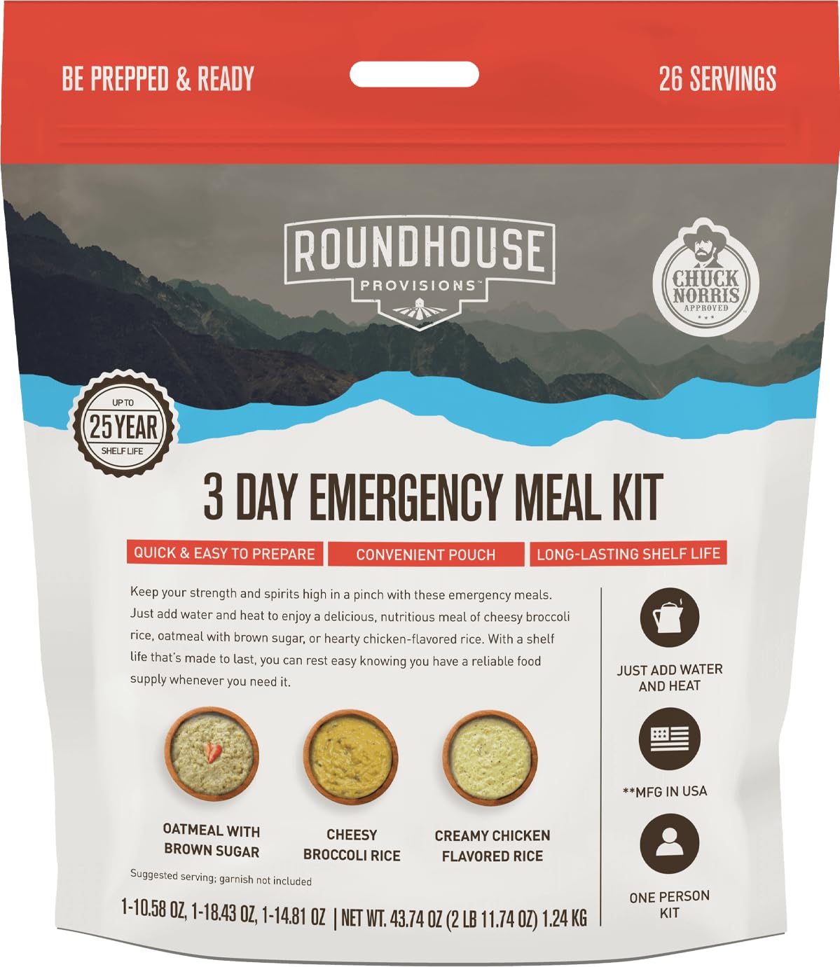 by Chuck Norris Roundhouse Provisions 3 Day, 26 servings Emergency Meal Kit, Grab-and-Go, Premade, Disaster Prep, Hiking, Survival, Adventure, Camping Food, 25 Year Shelf Life. - Maple Wellness Supplements