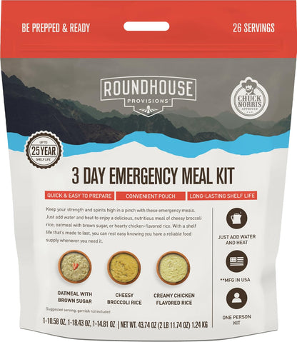 by Chuck Norris Roundhouse Provisions 3 Day, 26 servings Emergency Meal Kit, Grab-and-Go, Premade, Disaster Prep, Hiking, Survival, Adventure, Camping Food, 25 Year Shelf Life. - Maple Wellness Supplements