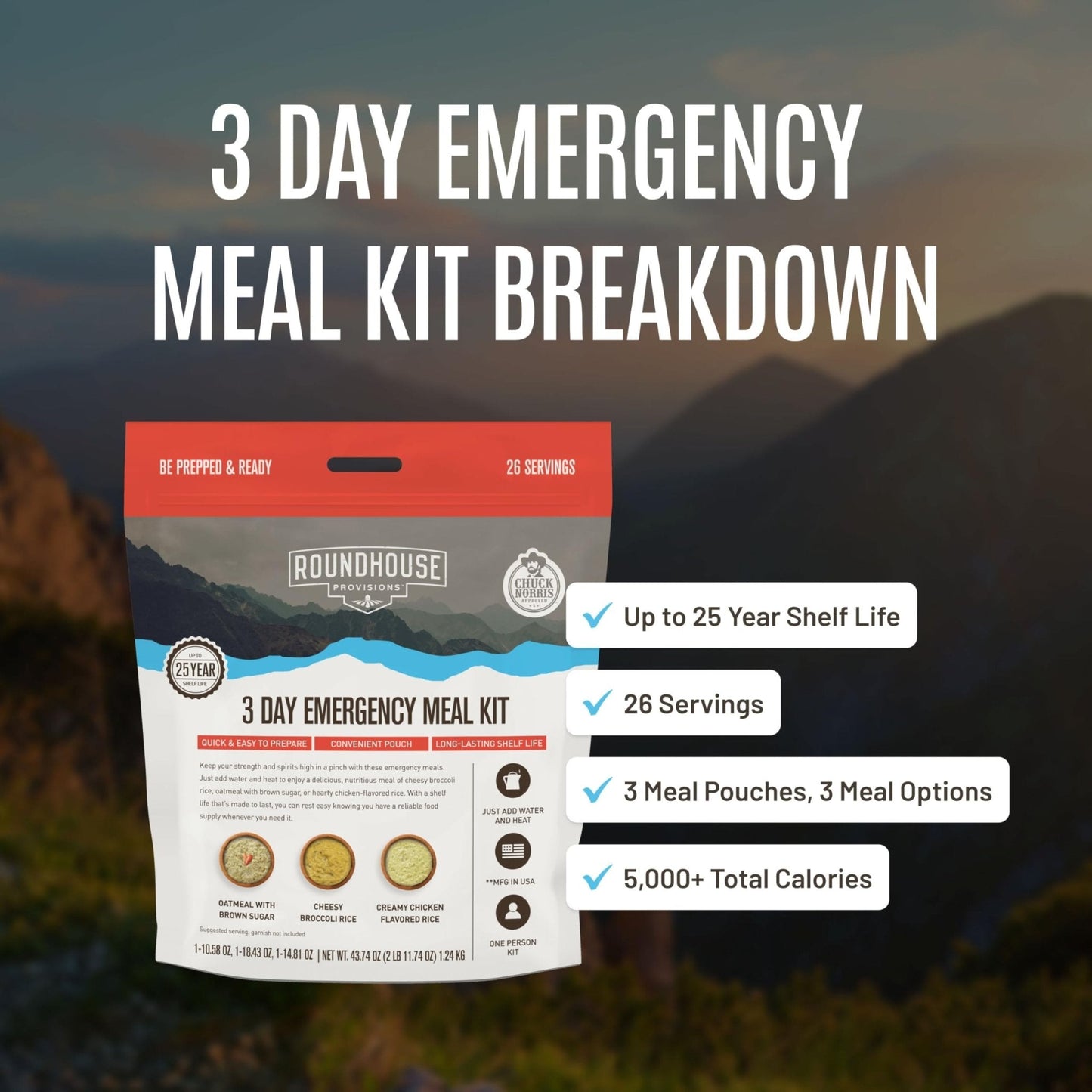 by Chuck Norris Roundhouse Provisions 3 Day, 26 servings Emergency Meal Kit, Grab-and-Go, Premade, Disaster Prep, Hiking, Survival, Adventure, Camping Food, 25 Year Shelf Life. - Maple Wellness Supplements