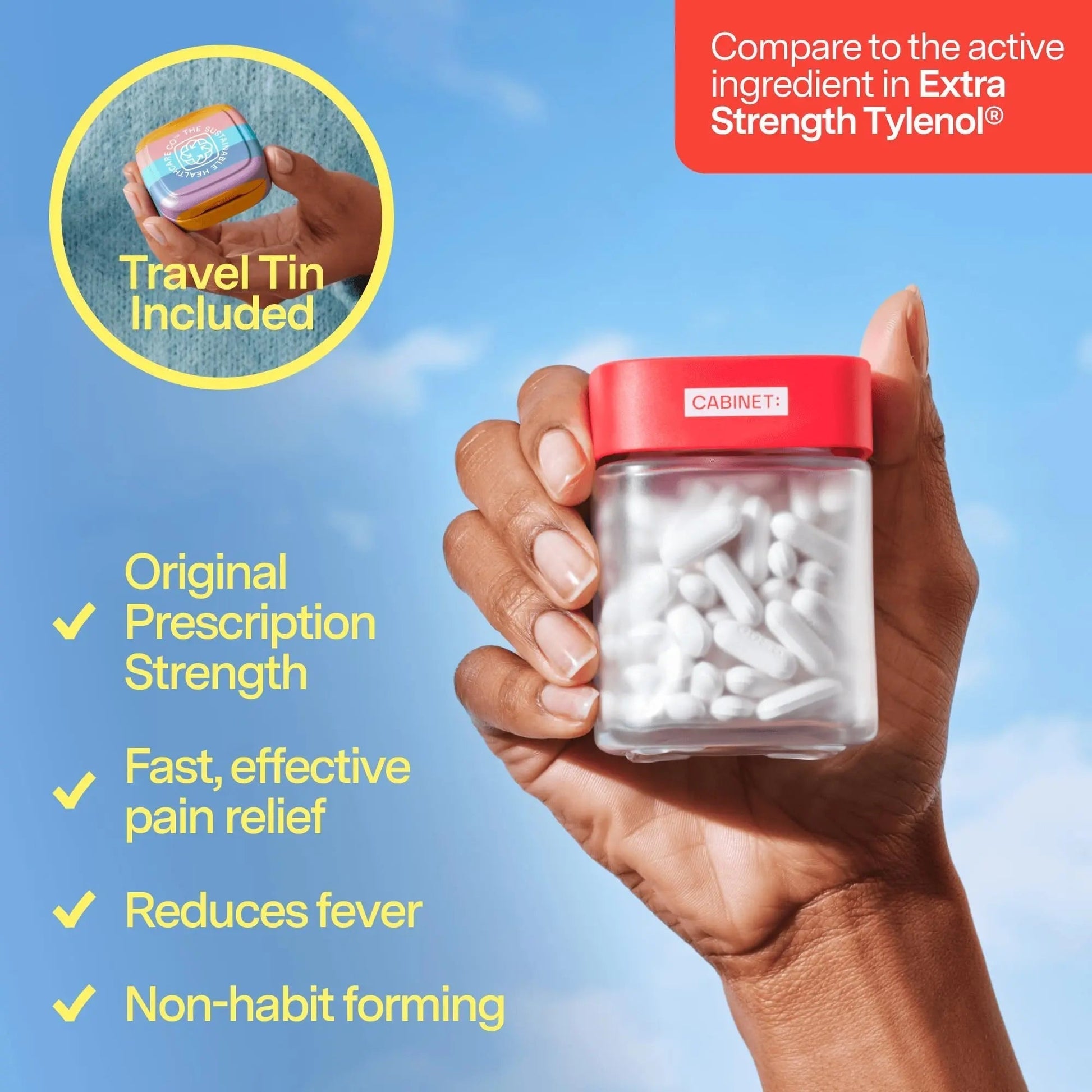 Cabinet: 500mg Acetaminophen for Headache Relief, Toothaches, Sore Throat, and Fever Reducer, Includes 1 Refillable Medicine Jar, 120 Tablets Refillable Glass Jar - w/Travel Tin - Maple Wellness Supplements