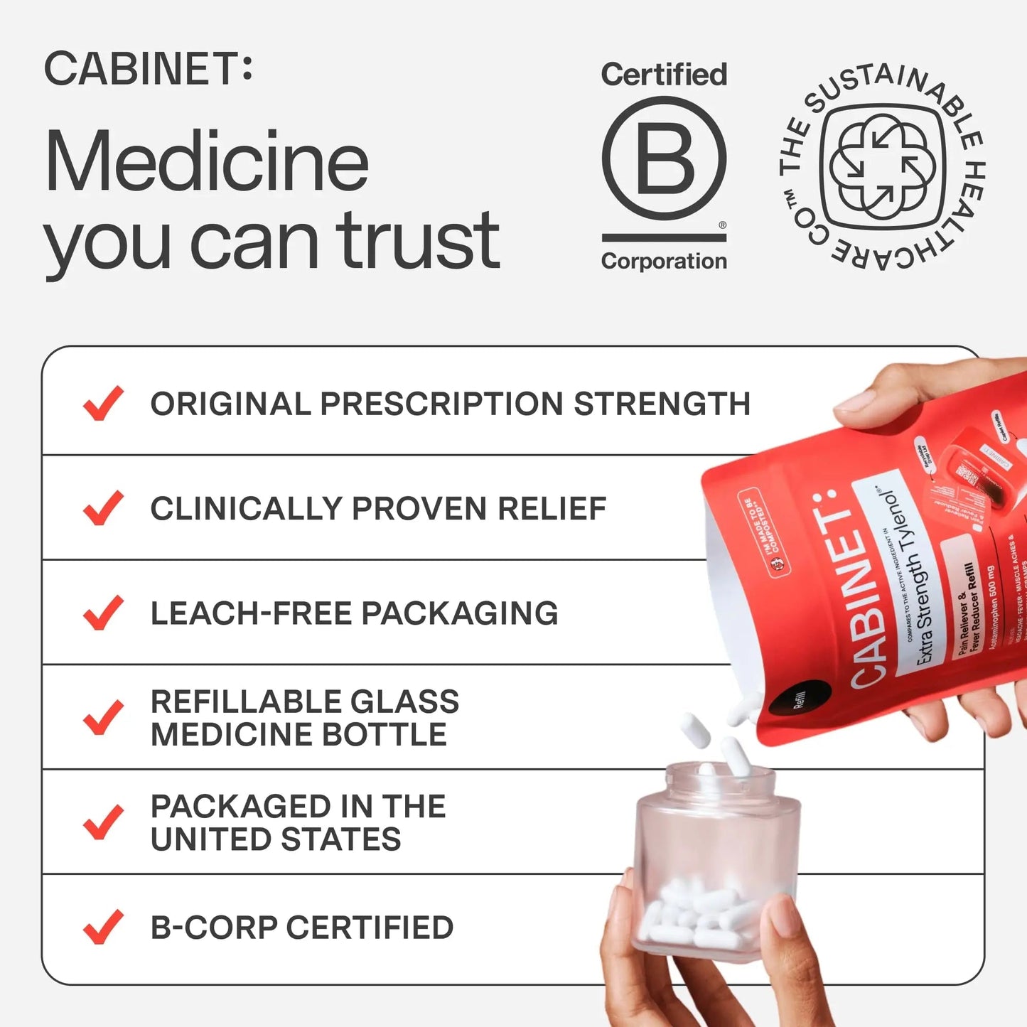 Cabinet: 500mg Acetaminophen for Headache Relief, Toothaches, Sore Throat, and Fever Reducer, Includes 1 Refillable Medicine Jar, 120 Tablets Refillable Glass Jar - w/Travel Tin - Maple Wellness Supplements