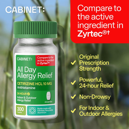 Cabinet: Cetirizine Hcl 10mg Allergy Relief Tablets | Non-Drowsy Antihistamine for 24-Hour Indoor & Outdoor (Aluminum - 300 Count) - Maple Wellness Supplements