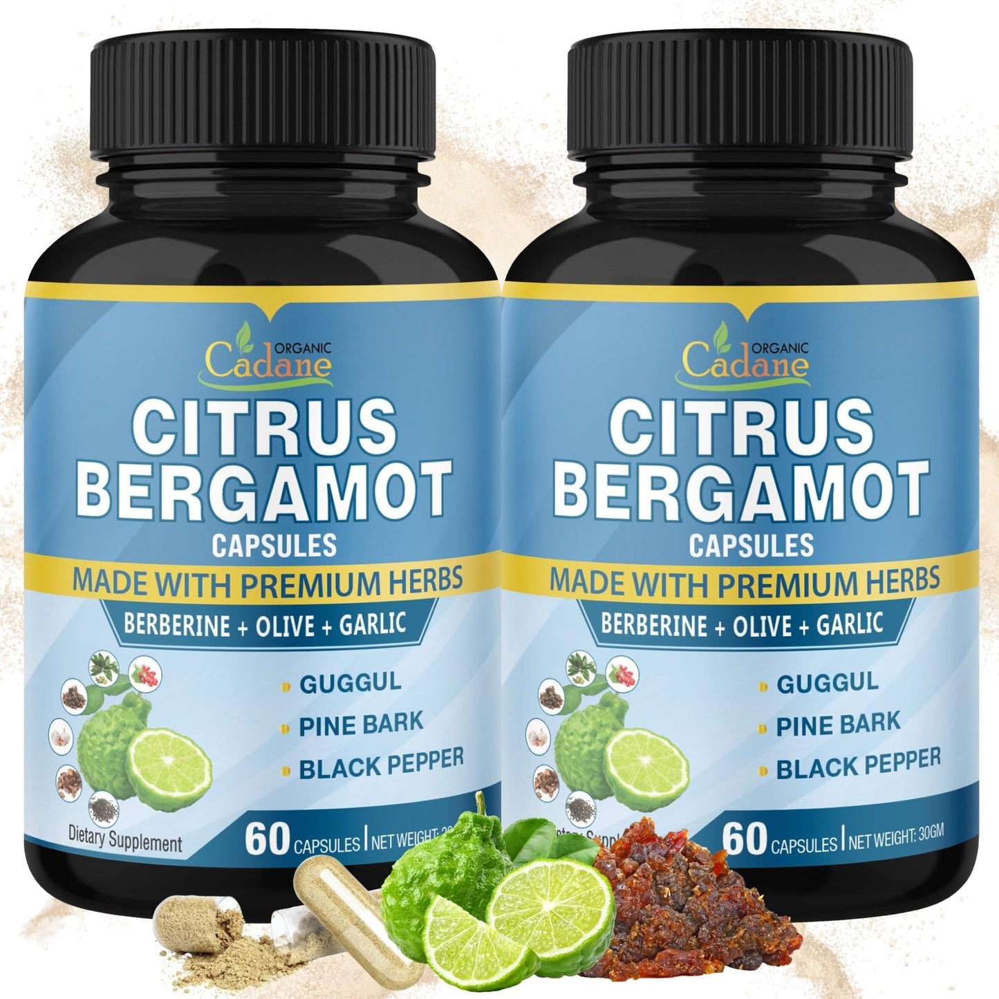 Cadane 2 Packs Citrus Bergamot Extract Capsules with Berberine, Olive, Guggul, Garlic, Pine Bark, Black Pepper | 4 Months Supply - Maple Wellness Supplements