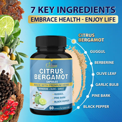 Cadane 2 Packs Citrus Bergamot Extract Capsules with Berberine, Olive, Guggul, Garlic, Pine Bark, Black Pepper | 4 Months Supply - Maple Wellness Supplements