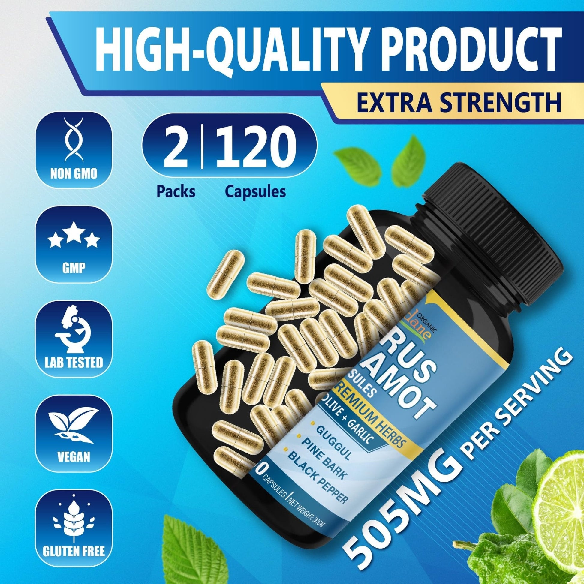 Cadane 2 Packs Citrus Bergamot Extract Capsules with Berberine, Olive, Guggul, Garlic, Pine Bark, Black Pepper | 4 Months Supply - Maple Wellness Supplements