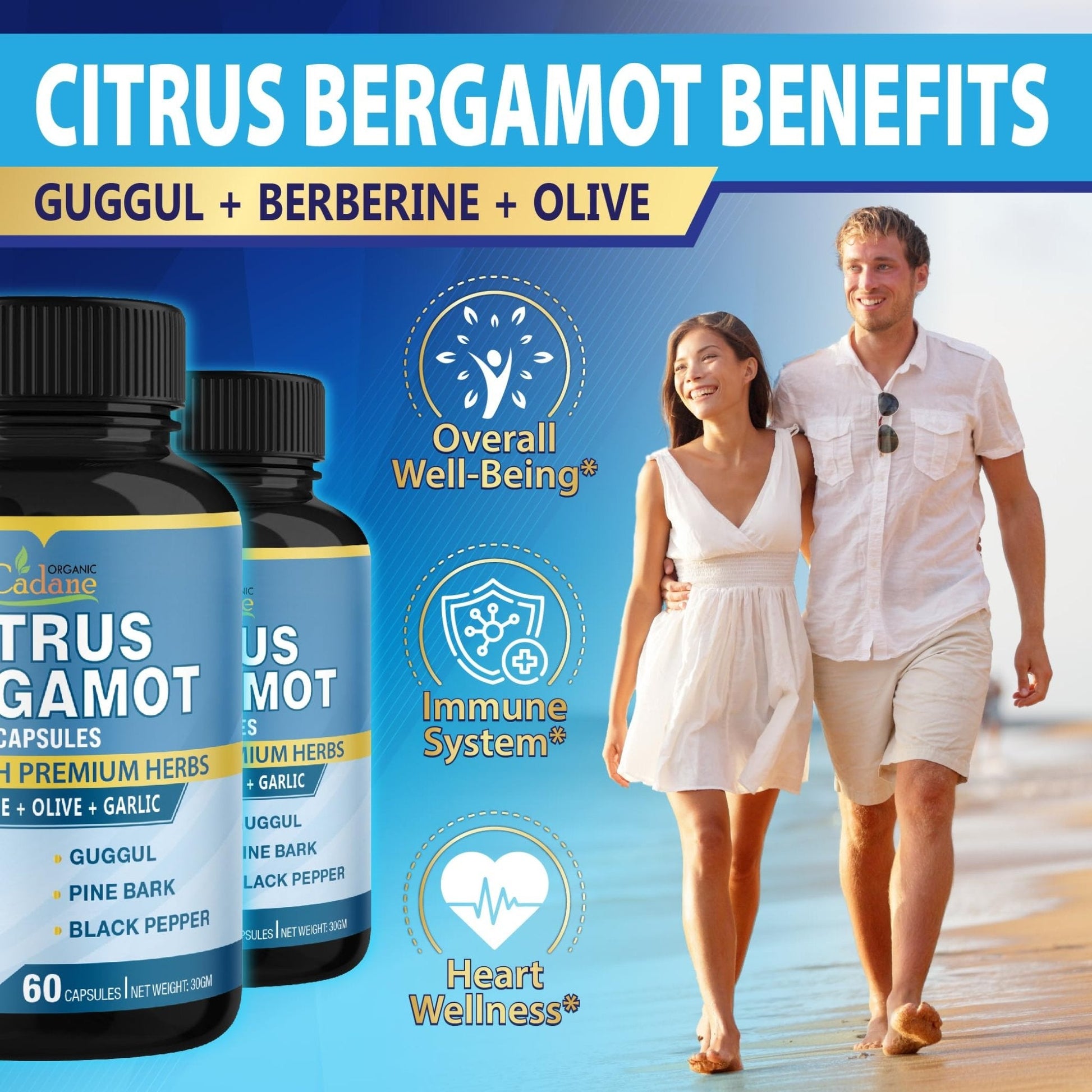 Cadane 2 Packs Citrus Bergamot Extract Capsules with Berberine, Olive, Guggul, Garlic, Pine Bark, Black Pepper | 4 Months Supply - Maple Wellness Supplements