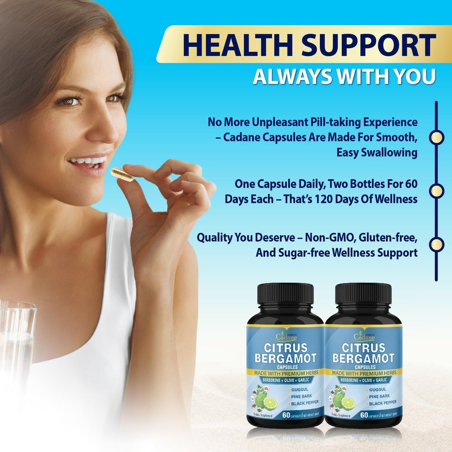 Cadane 2 Packs Citrus Bergamot Extract Capsules with Berberine, Olive, Guggul, Garlic, Pine Bark, Black Pepper | 4 Months Supply - Maple Wellness Supplements