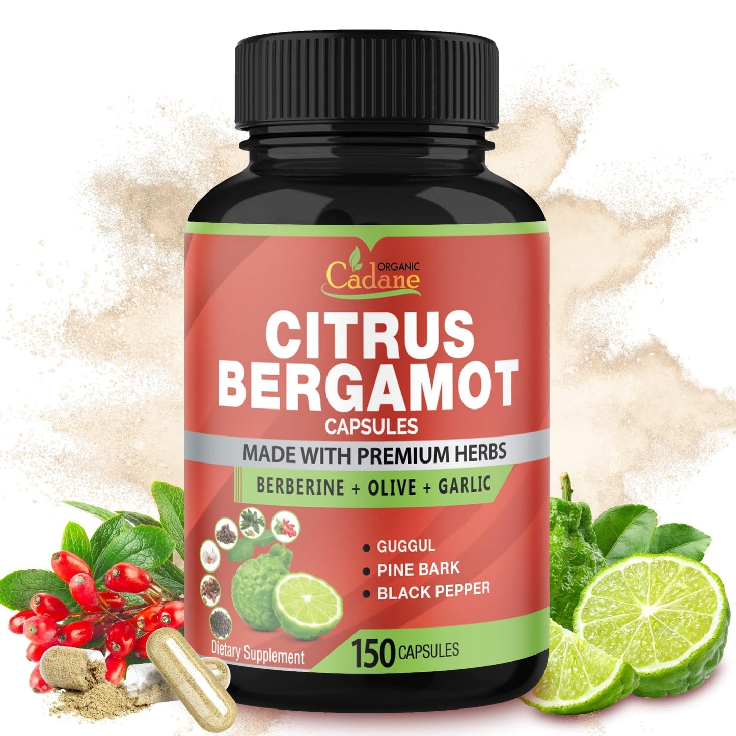 Cadane Citrus Bergamot Supplement Capsules with Berberine, Olive, Guggul, Garlic, Pine Bark, Black Pepper - Maple Wellness Supplements