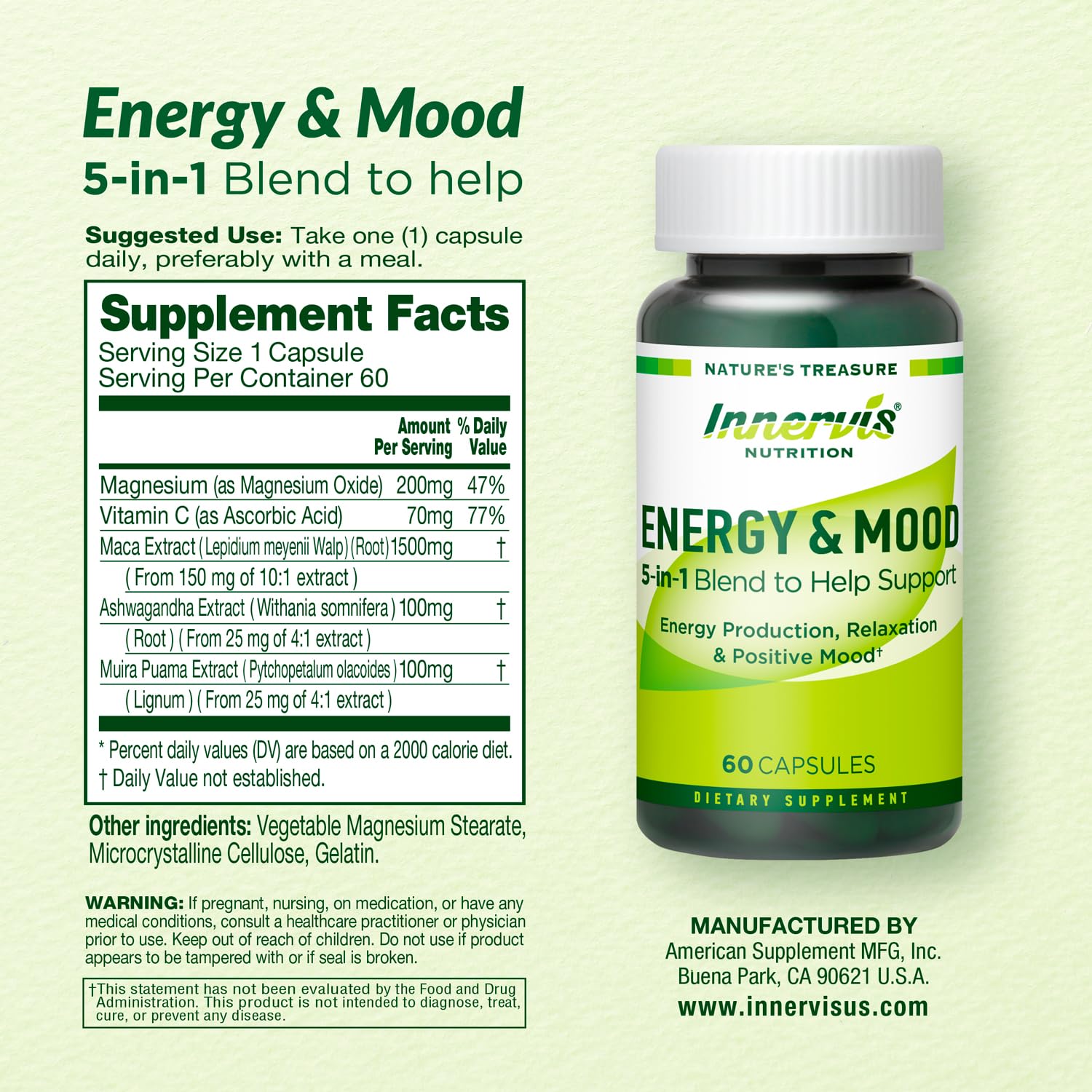 Caffeine Free Natural Energy Boost with Ashwagandha, Maca & Magnesium - Support Stress Relief, Focus & Mood - 60 Capsules by Innervis Nutrition - Maple Wellness Supplements