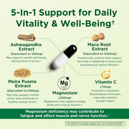 Caffeine Free Natural Energy Boost with Ashwagandha, Maca & Magnesium - Support Stress Relief, Focus & Mood - 60 Capsules by Innervis Nutrition - Maple Wellness Supplements