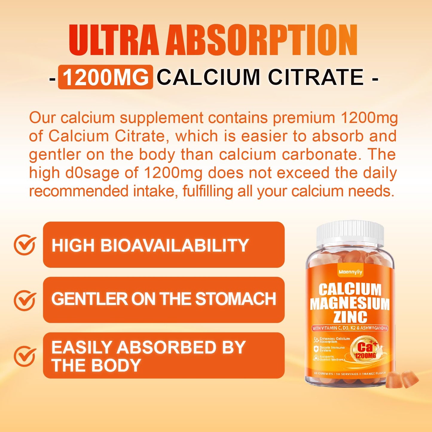 Calcium 1200 mg with Vitamin D3 Gummies for Adults - Calcium Citrate with Vitamin D3 K2, Magnesium, Zinc, Boron, Copper and Ashwagandha - Maple Wellness Supplements