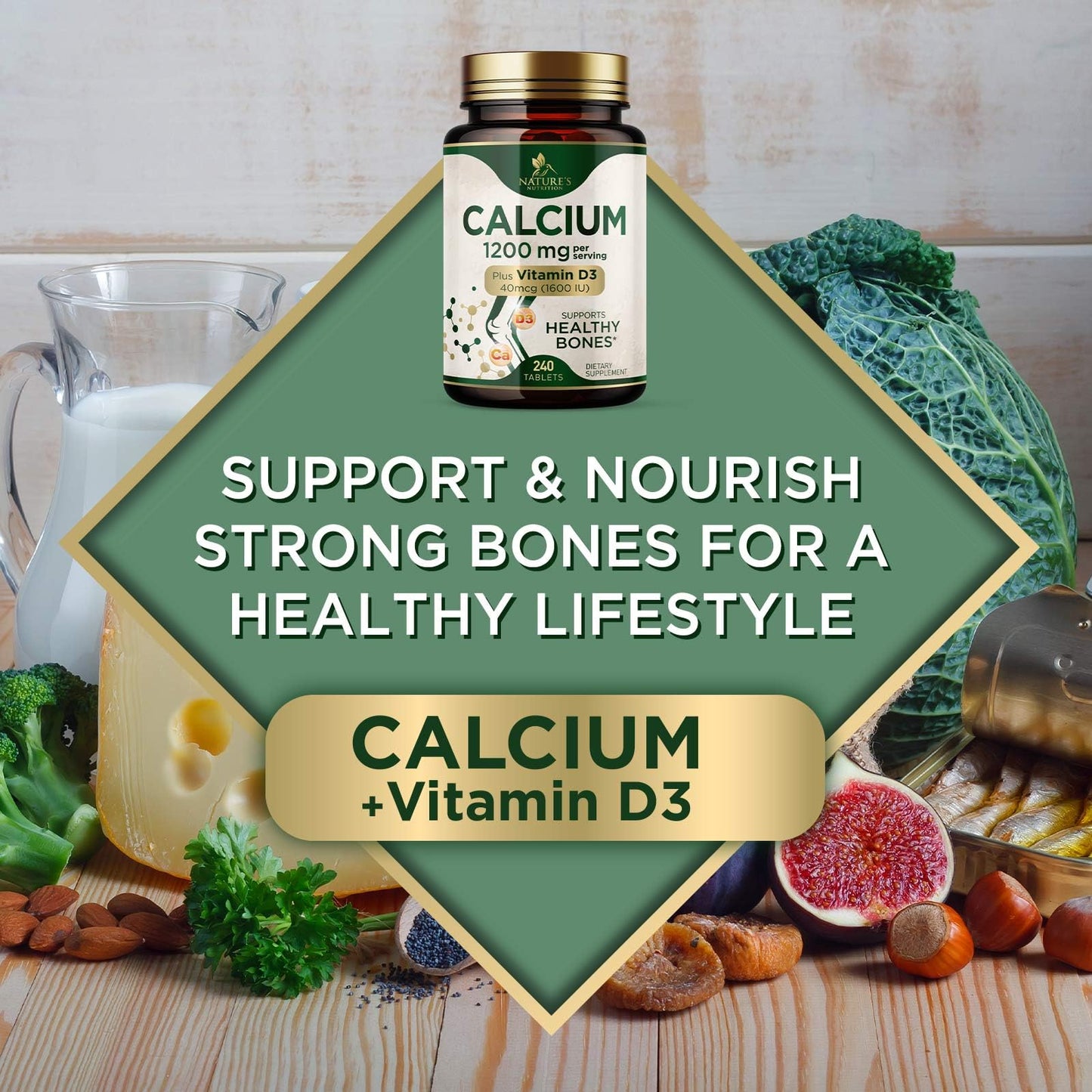 Calcium 1200 mg with Vitamin D3 - Per Serving - Bone Health Supplement - Vitamin D & Calcium Supplements for Women & Men - Bone Strength Support - Maple Wellness Supplements
