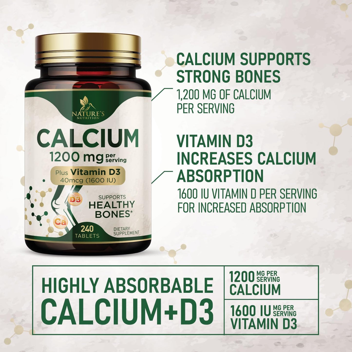 Calcium 1200 mg with Vitamin D3 - Per Serving - Bone Health Supplement - Vitamin D & Calcium Supplements for Women & Men - Bone Strength Support - Maple Wellness Supplements