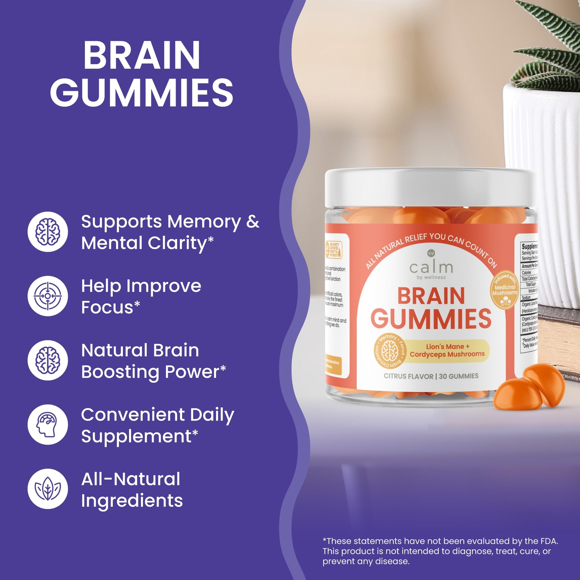 Calm by Wellness Lion’s Mane Gummies for Adults – Vegan Mushroom Gummies with Lion’s Mane & Cordyceps for Brain Support, Memory & Focus, Immune Boost – Citrus Flavor, 30 Count - Maple Wellness Supplements