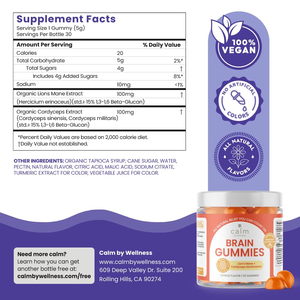 Calm by Wellness Lion’s Mane Gummies for Adults – Vegan Mushroom Gummies with Lion’s Mane & Cordyceps for Brain Support, Memory & Focus, Immune Boost – Citrus Flavor, 30 Count - Maple Wellness Supplements