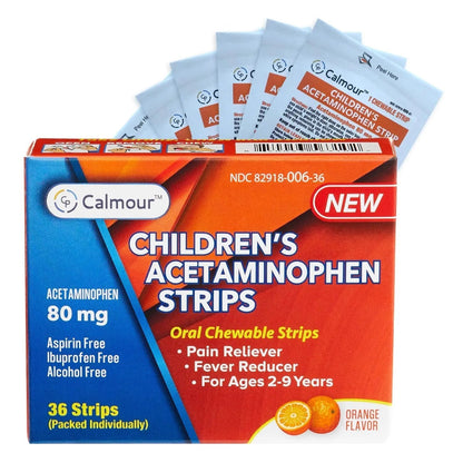 CALMOUR Children's Acetaminophen 36 Strips | Pain Reliever & Fever Reducer | Fast-Acting Support for Cold & Flu Symptoms | Oral Chewable Strips for Kids Ages 2-9 | Travel Size, Orange Flavor - Maple Wellness Supplements