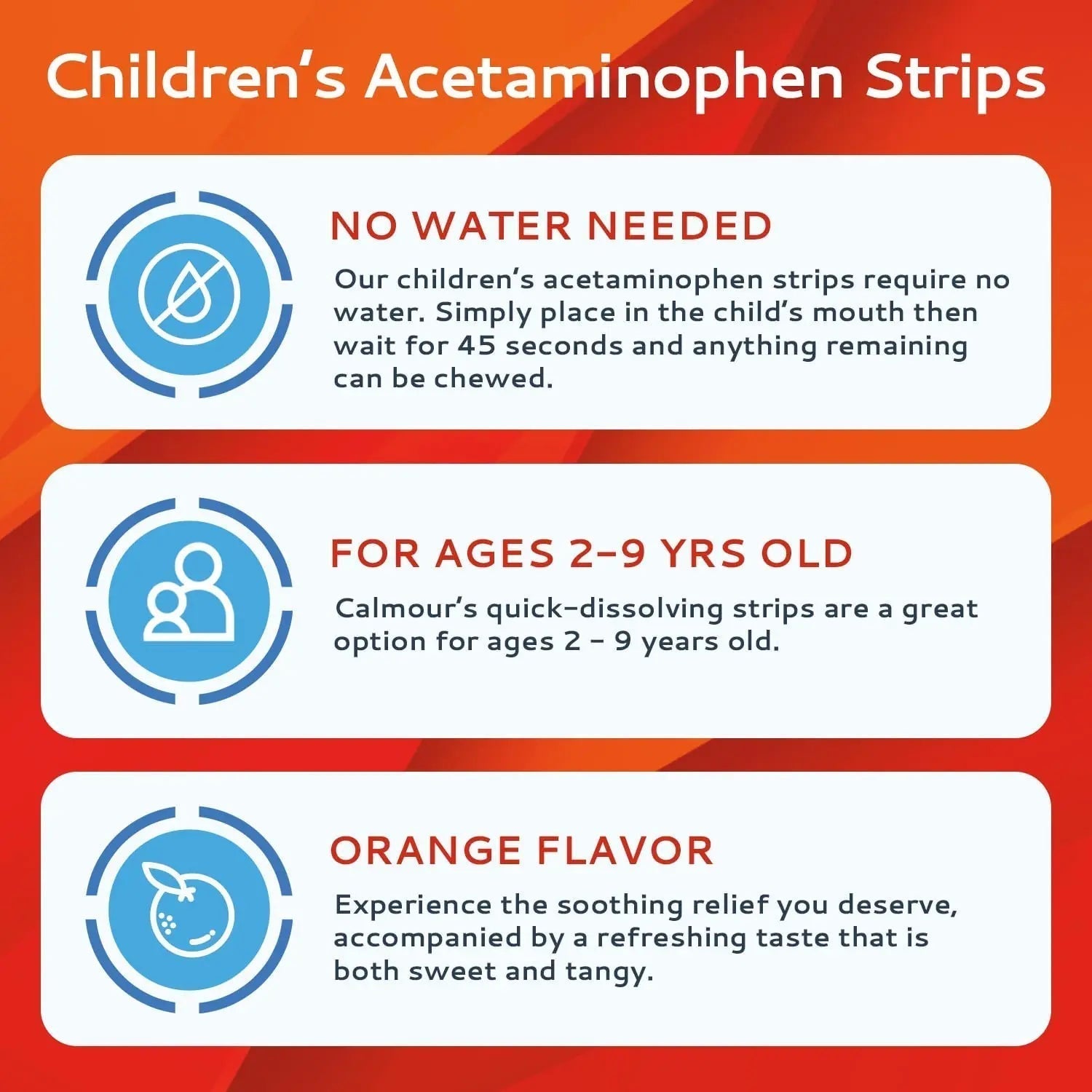 CALMOUR Children's Acetaminophen 36 Strips | Pain Reliever & Fever Reducer | Fast-Acting Support for Cold & Flu Symptoms | Oral Chewable Strips for Kids Ages 2-9 | Travel Size, Orange Flavor - Maple Wellness Supplements