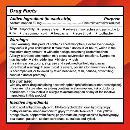 CALMOUR Children's Acetaminophen 36 Strips | Pain Reliever & Fever Reducer | Fast-Acting Support for Cold & Flu Symptoms | Oral Chewable Strips for Kids Ages 2-9 | Travel Size, Orange Flavor - Maple Wellness Supplements
