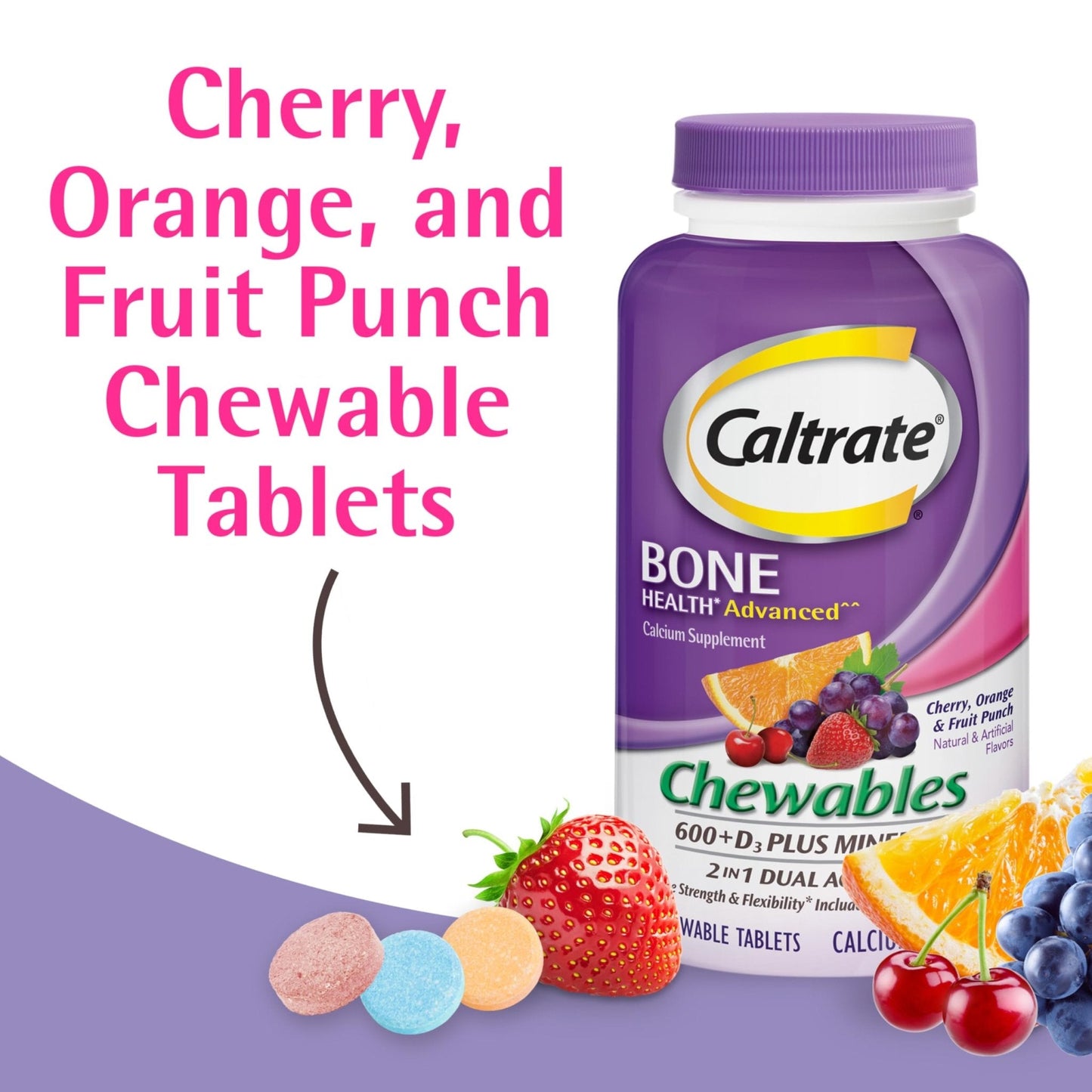 Caltrate Chewables 600 +D3 Plus Minerals Calcium and Vitamin D, Sugar Free, Cherry, Orange and Fruit Punch, 155 count - Maple Wellness Supplements