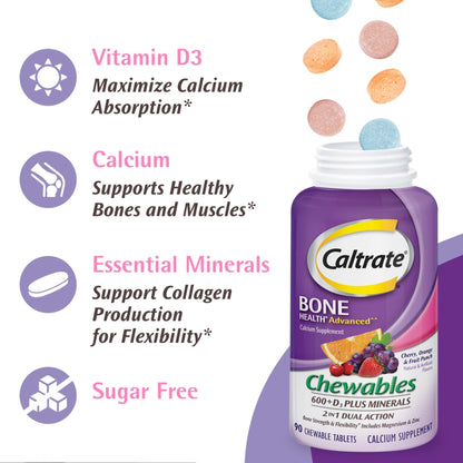 Caltrate Chewables 600 +D3 Plus Minerals Calcium and Vitamin D, Sugar Free, Cherry, Orange and Fruit Punch, 155 count - Maple Wellness Supplements