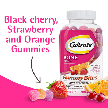 Caltrate Gummy Bites 500 mg Calcium and Vitamin D Supplement, Black Cherry, Strawberry, Orange - 100 Count - Maple Wellness Supplements