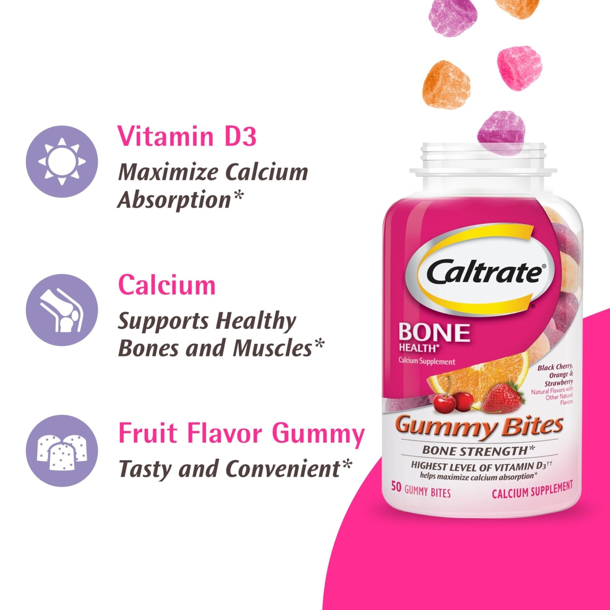 Caltrate Gummy Bites 500 mg Calcium and Vitamin D Supplement, Black Cherry, Strawberry, Orange - 100 Count - Maple Wellness Supplements