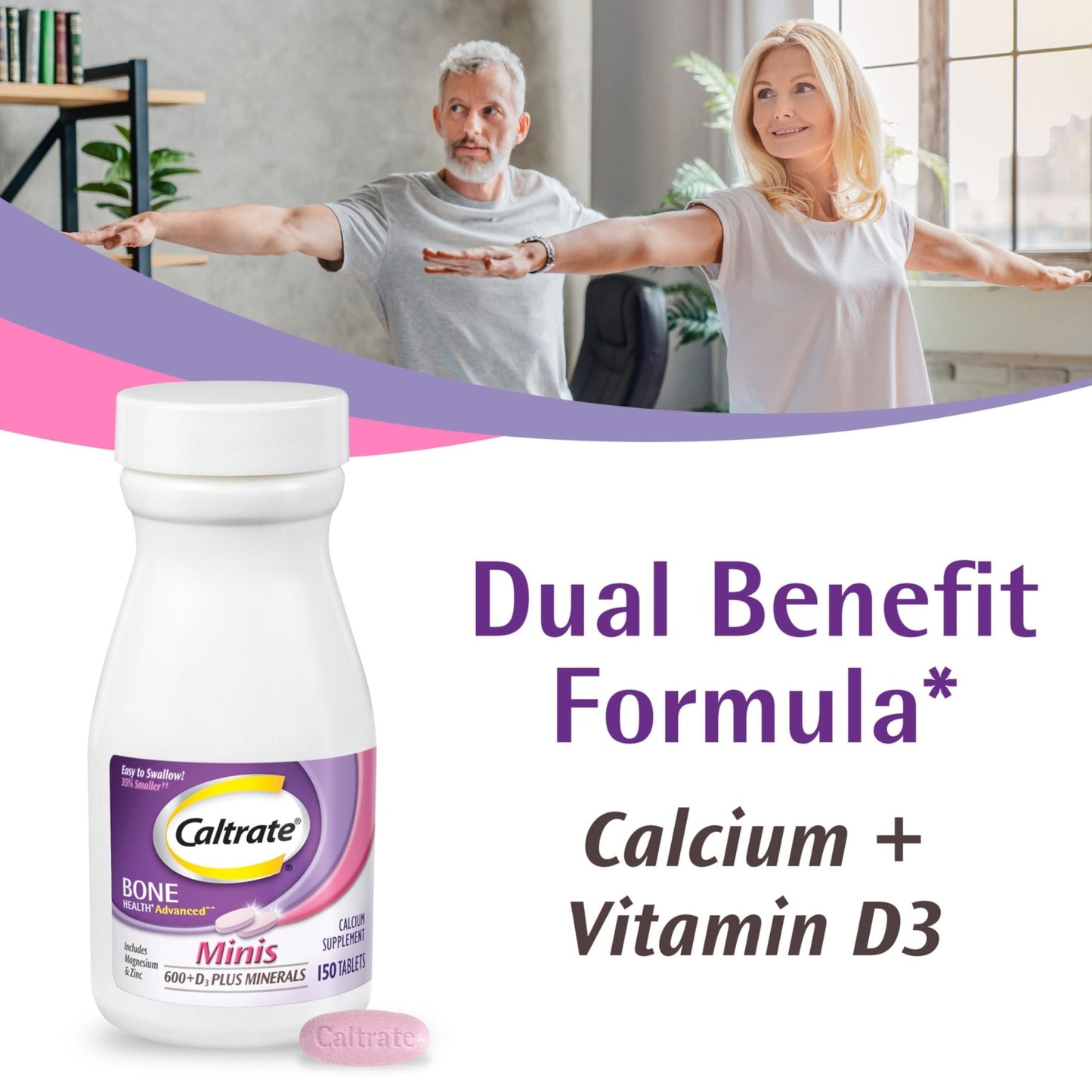 Caltrate Minis 600 Plus D3 Plus Minerals Calcium and Vitamin D Supplement Tablets, Bone Health and Mineral Supplement for Adults - 150 Count - Maple Wellness Supplements