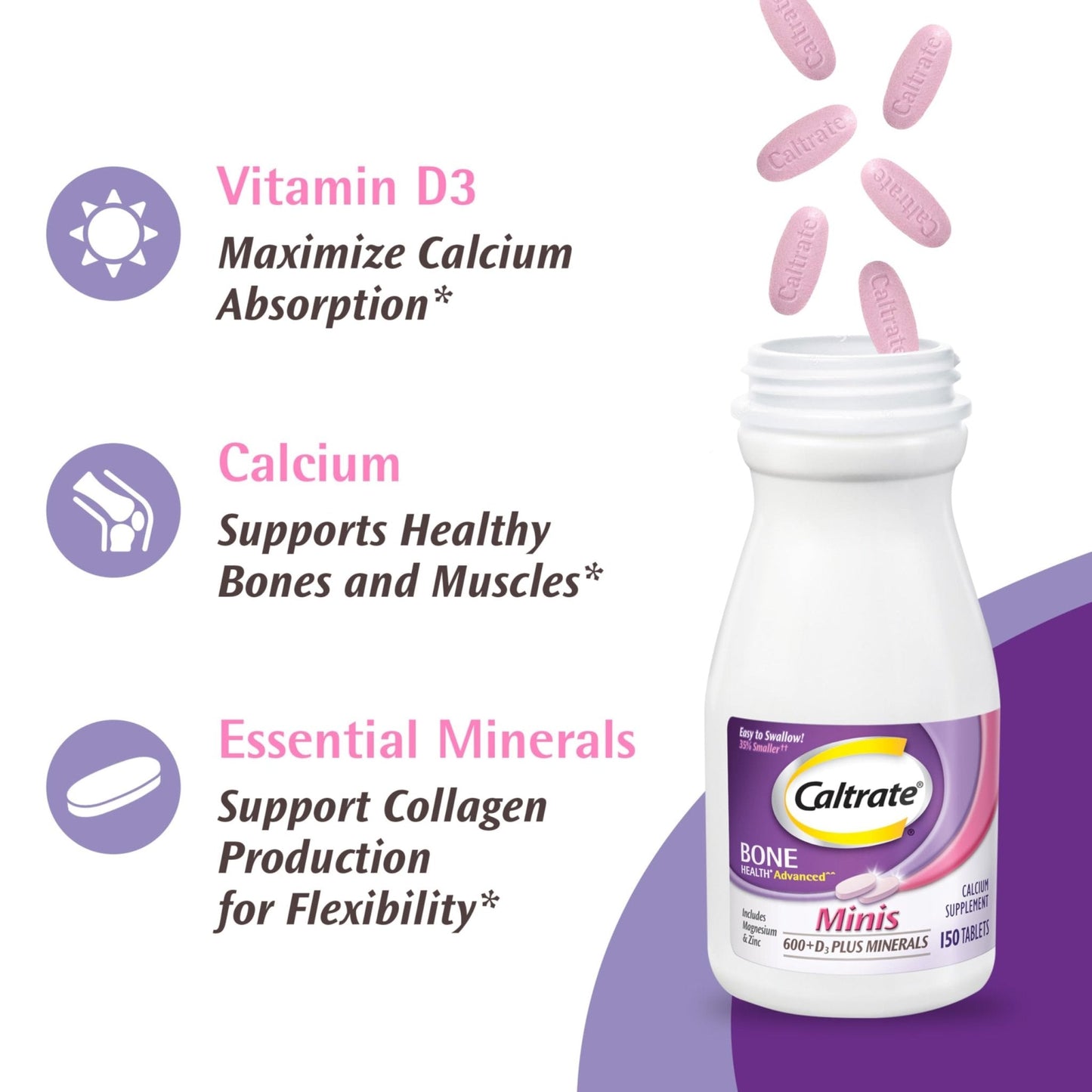 Caltrate Minis 600 Plus D3 Plus Minerals Calcium and Vitamin D Supplement Tablets, Bone Health and Mineral Supplement for Adults - 150 Count - Maple Wellness Supplements