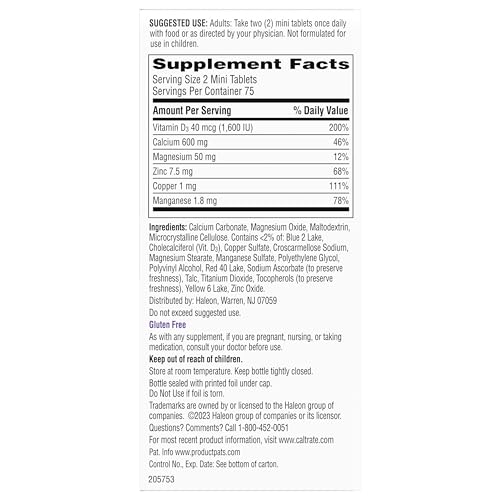 Caltrate Minis 600 Plus D3 Plus Minerals Calcium and Vitamin D Supplement Tablets, Bone Health and Mineral Supplement for Adults - 150 Count - Maple Wellness Supplements