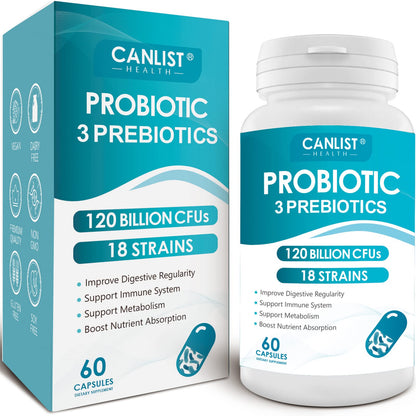 CANLIST Probiotics 120 Billion CFUs 18 Strains, 3 Prebiotics & Digestive Enzymes for Men Women,Digestive & Immune Support - Maple Wellness Supplements