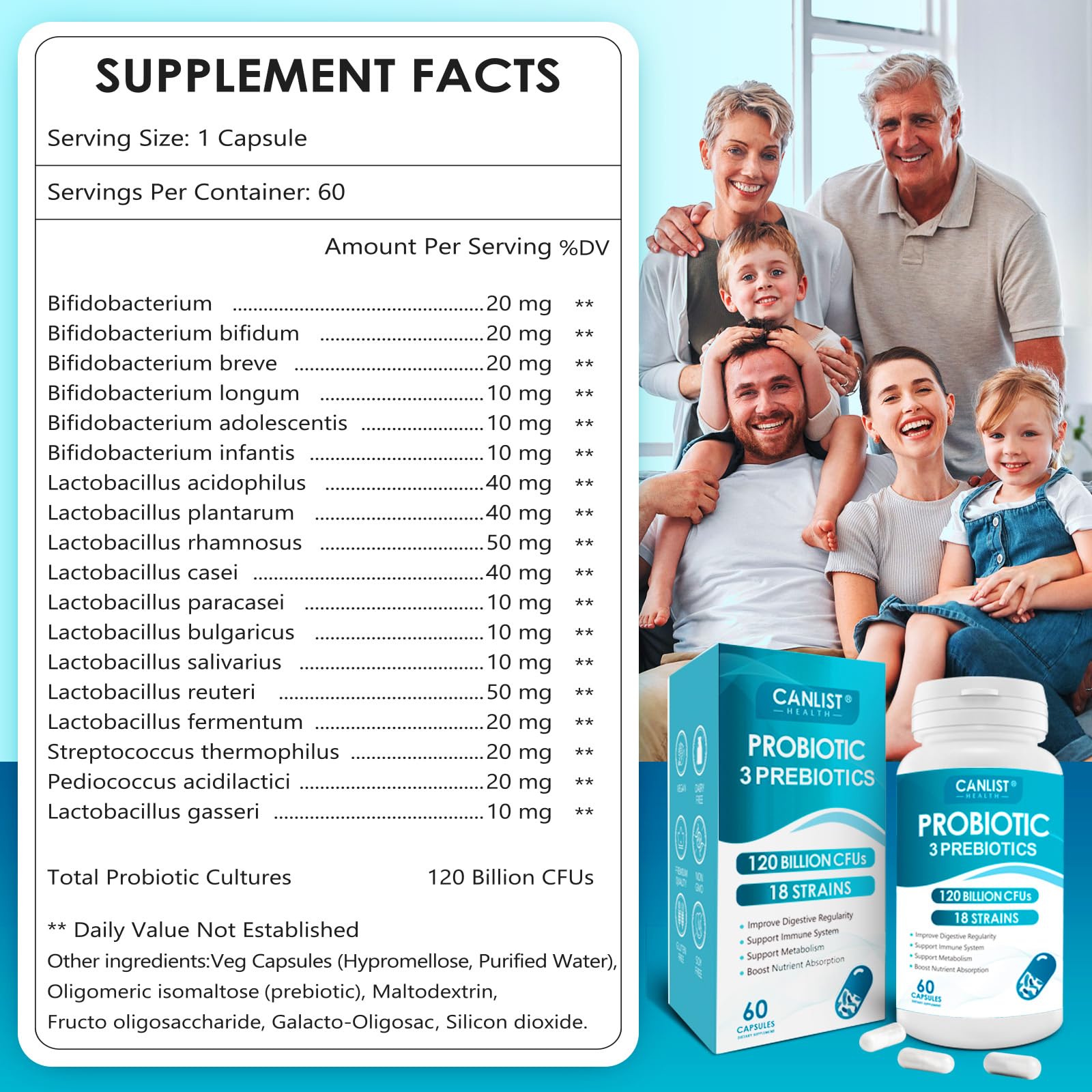 CANLIST Probiotics 120 Billion CFUs 18 Strains, 3 Prebiotics & Digestive Enzymes for Men Women,Digestive & Immune Support - Maple Wellness Supplements