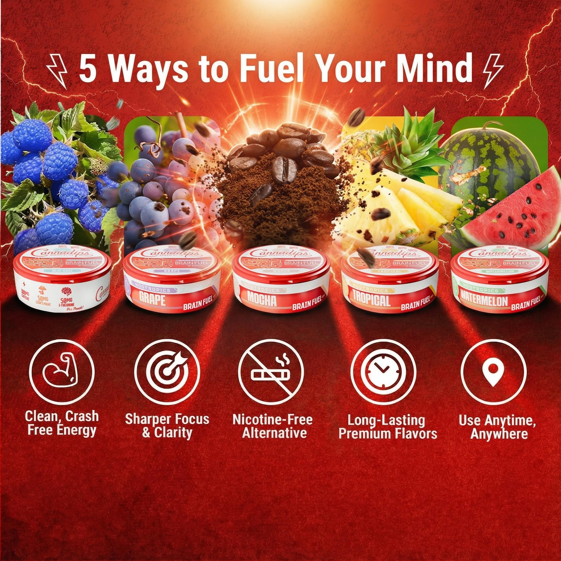 Cannadips - Brain Fuel Variety Pack - Nootropic Caffeine Pouches - 50mg Lion's Mane, 100mg Caffeine, 50mg L-Theanine, No Sugar - Clean Energy Brain Fuel for Cognitive Performance, Made in USA (5-PACK) - Maple Wellness Supplements