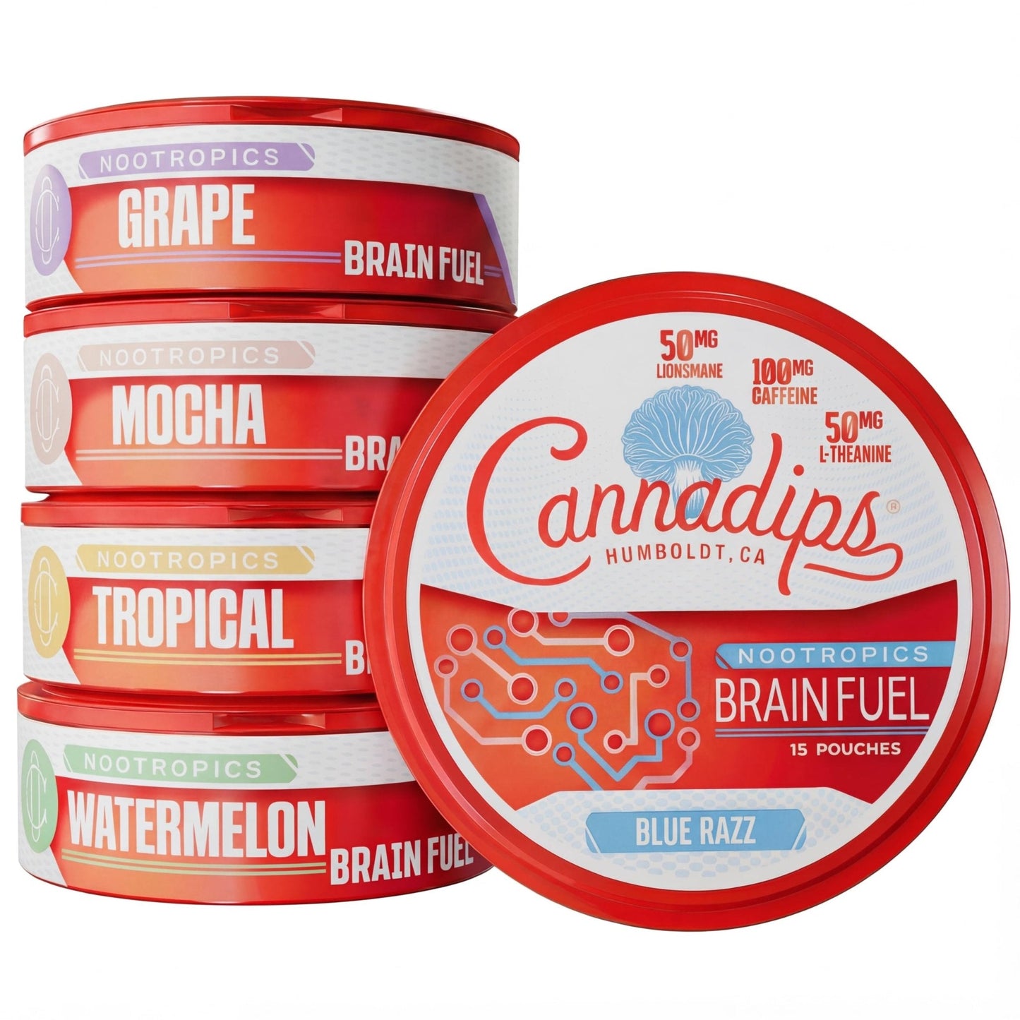 Cannadips - Brain Fuel Variety Pack - Nootropic Caffeine Pouches - 50mg Lion's Mane, 100mg Caffeine, 50mg L-Theanine, No Sugar - Clean Energy Brain Fuel for Cognitive Performance, Made in USA (5-PACK) - Maple Wellness Supplements