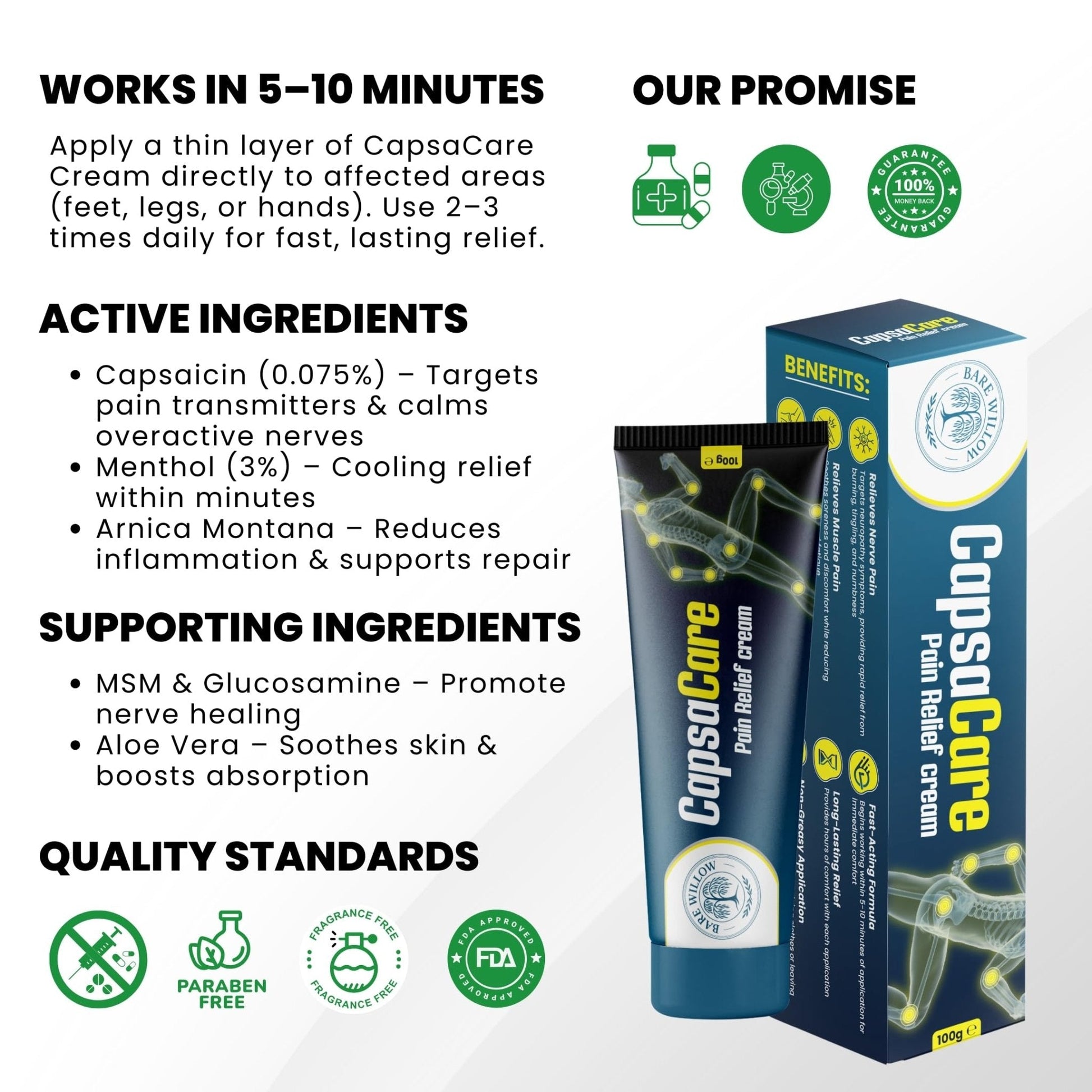 CapsaCare Cream with Capsaicin 0.125% & Magnesium, NeuroSoothe Blend with Arnica, Glucosamine, Menthol & Aloe, Fragrance Free, Non Greasy, Hydrating Topical Skin Cream for Men and Women, 100g (1 Pack) - Maple Wellness Supplements