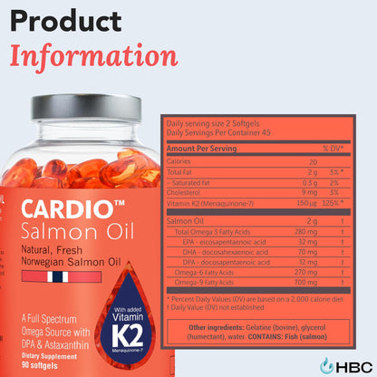 Cardio Omega 3 Fish Oil & Vitamin K2-1000mg, Norwegian Salmon Oil with EPA, DHA, DPA & Astaxanthin, No Fishy Aftertaste, Fatty Acids Supplement - 90 Capsules - Maple Wellness Supplements