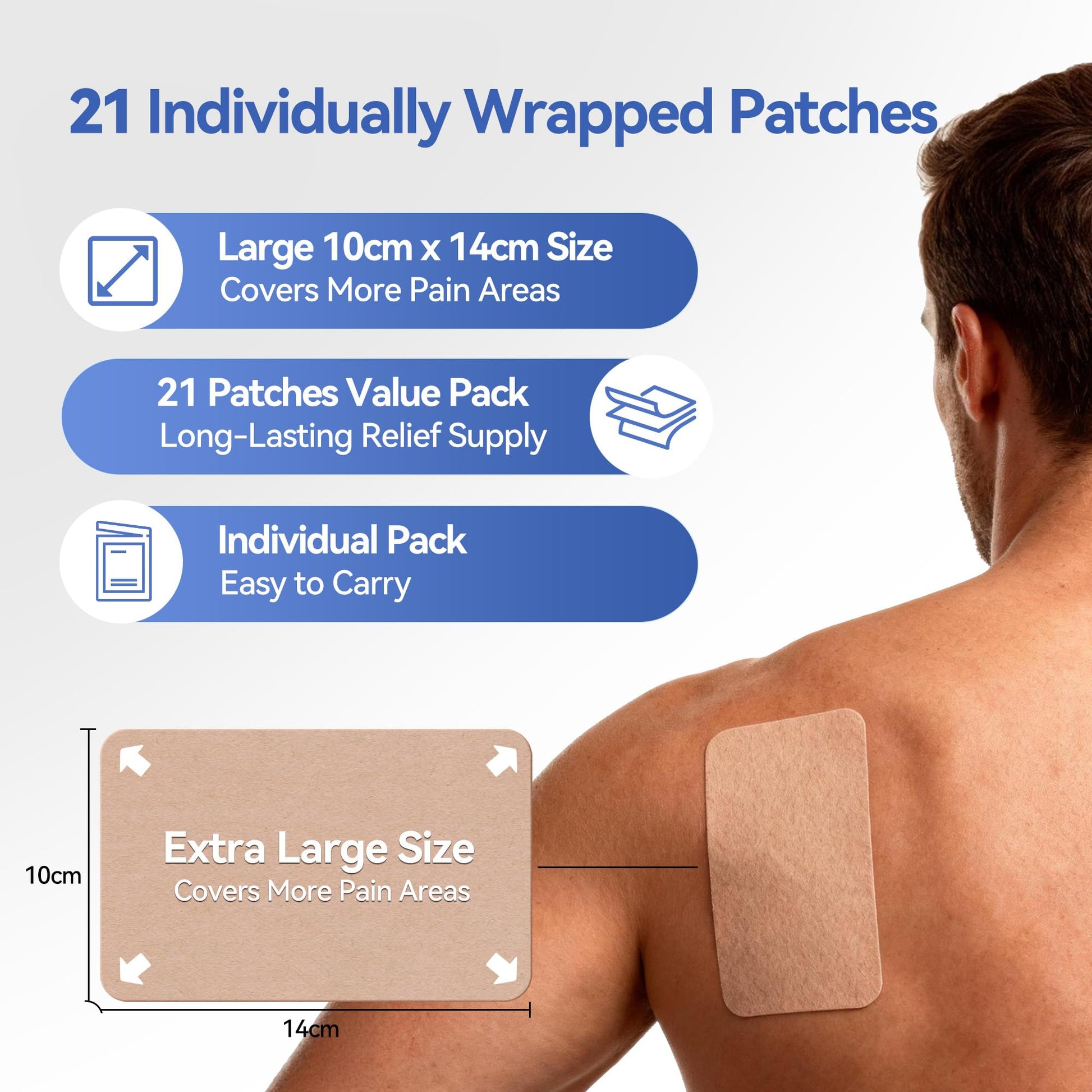 CARELAND 4% Lidocaine Patches Maximum Strength, 21 Count (10cm x 14cm) - OTC Pain Relief Patches with Stronger Adhesion for Back, Shoulder, Knee, Large Size - Maple Wellness Supplements