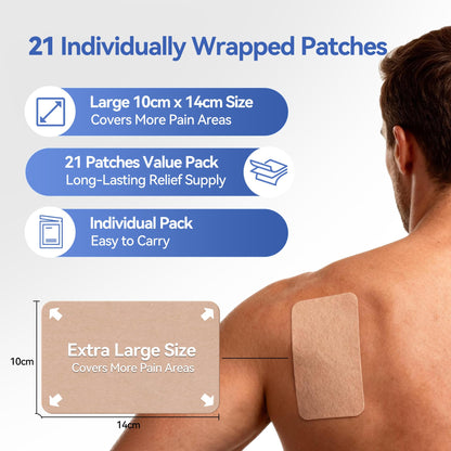 CARELAND 4% Lidocaine Patches Maximum Strength, 21 Count (10cm x 14cm) - OTC Pain Relief Patches with Stronger Adhesion for Back, Shoulder, Knee, Large Size - Maple Wellness Supplements