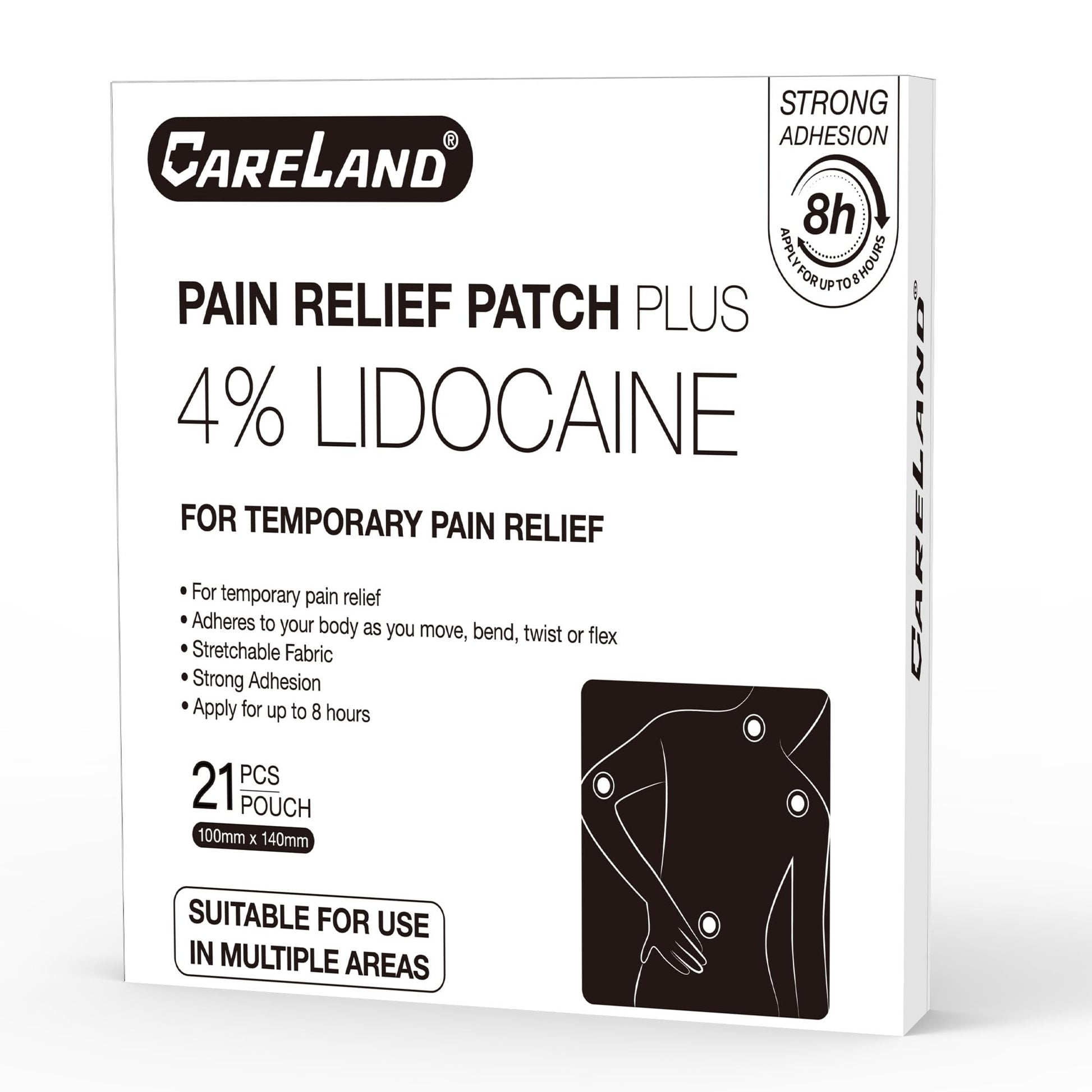 CARELAND 4% Lidocaine Patches Maximum Strength, 21 Count (10cm x 14cm) - OTC Pain Relief Patches with Stronger Adhesion for Back, Shoulder, Knee, Large Size - Maple Wellness Supplements