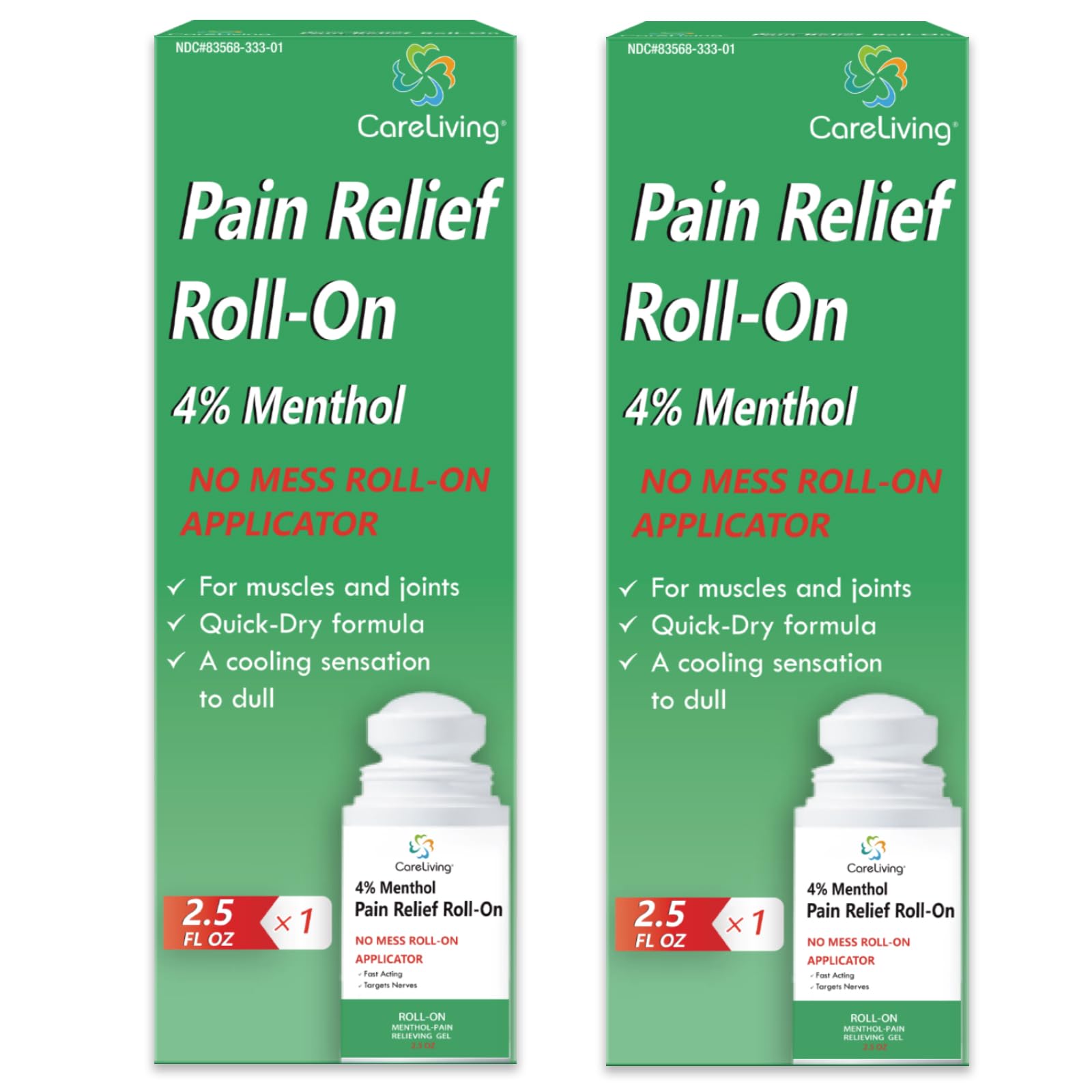 CARELIVING Roll On Pain Relief for Knee, Neck, Joint, Shoulder, Arthritis Pain Reliever, Sore Muscle Relief, Roll On Menthol Gel 2.5 Fl Oz (Pack of 2) - Maple Wellness Supplements