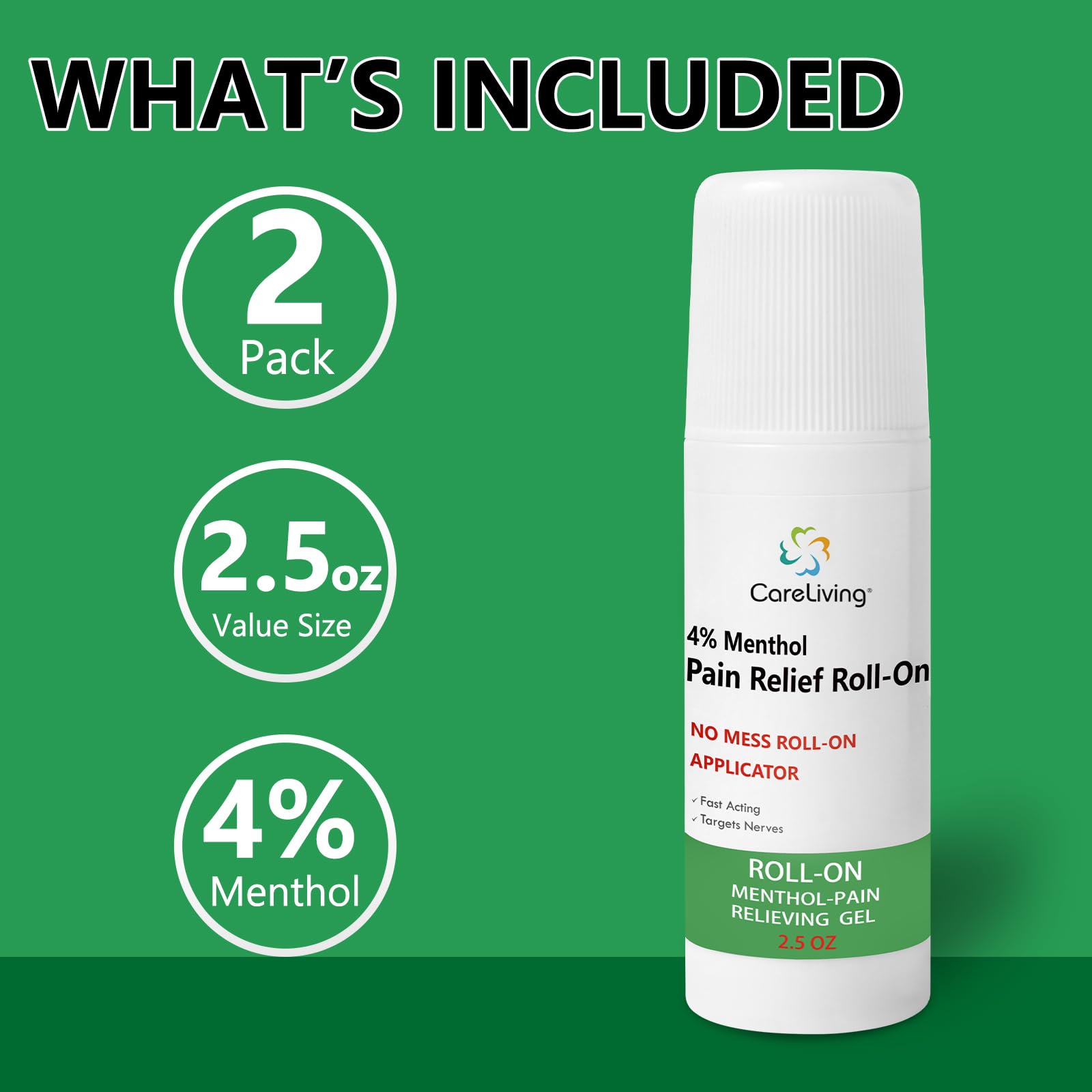 CARELIVING Roll On Pain Relief for Knee, Neck, Joint, Shoulder, Arthritis Pain Reliever, Sore Muscle Relief, Roll On Menthol Gel 2.5 Fl Oz (Pack of 2) - Maple Wellness Supplements