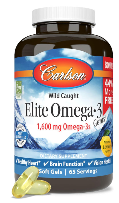 Carlson - Elite Omega-3 Gems, 1600 mg Omega-3 Fatty Acids Including EPA and DHA, Norwegian, Wild-Caught Fish Oil Supplement, Sustainably Sourced Omega - Maple Wellness Supplements