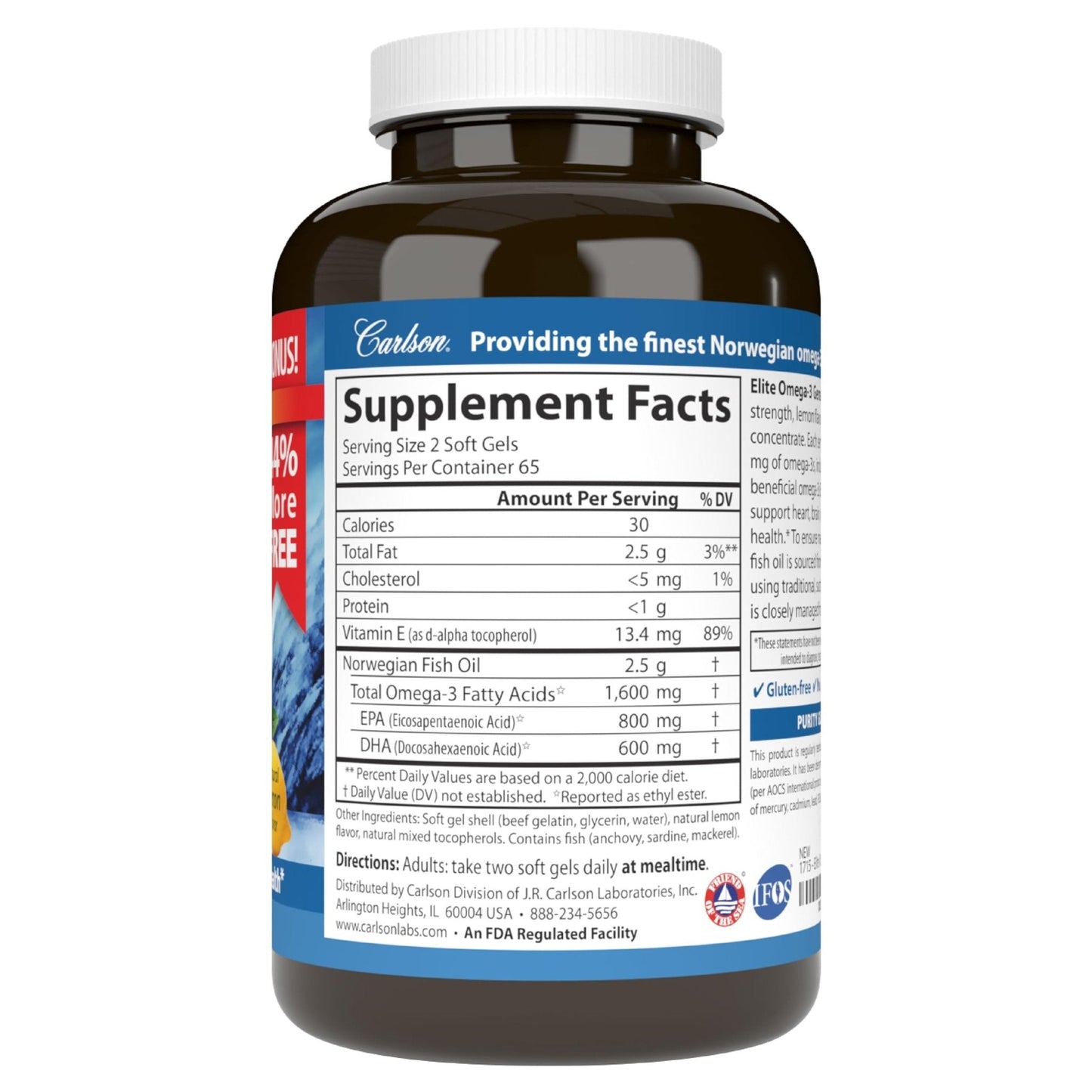 Carlson - Elite Omega-3 Gems, 1600 mg Omega-3 Fatty Acids Including EPA and DHA, Norwegian, Wild-Caught Fish Oil Supplement, Sustainably Sourced Omega - Maple Wellness Supplements