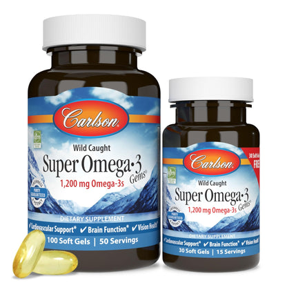 Carlson - Super Omega-3 Gems, 1200 mg Omega-3 Fatty Acids with EPA and DHA, Wild-Caught Norwegian Supplement, Sustainably Sourced Fish Oil Capsules, - Maple Wellness Supplements
