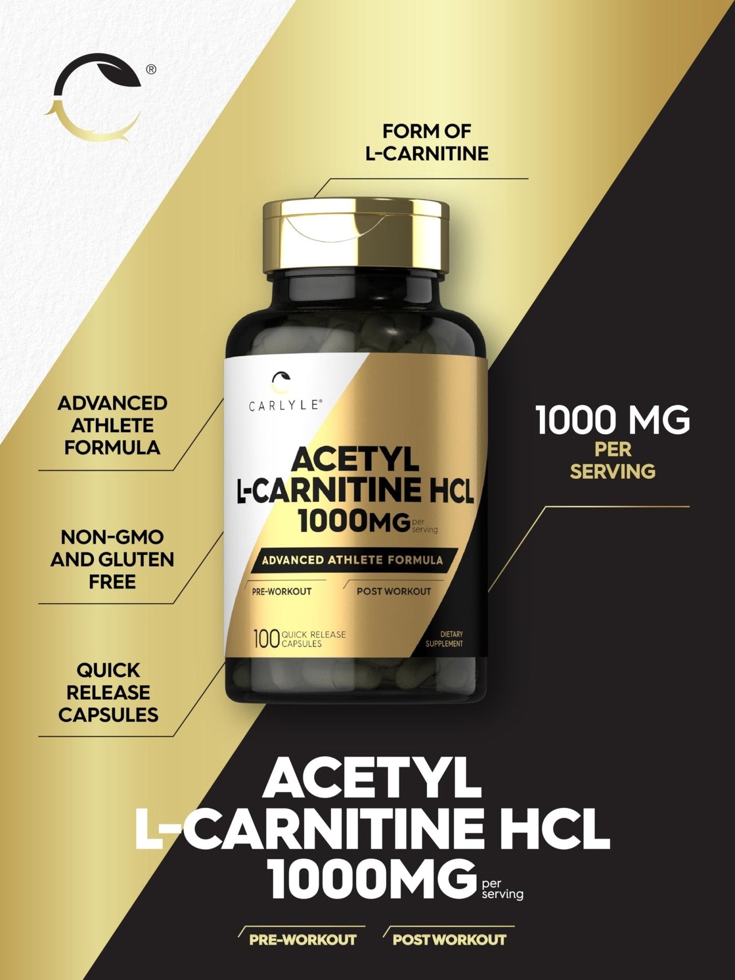 Carlyle Acetyl L-Carnitine HCL | 1000mg | 100 Capsules | Advanced Athlete Formula | Pre-Workout Supplement | Non-GMO & Gluten Free - Maple Wellness Supplements