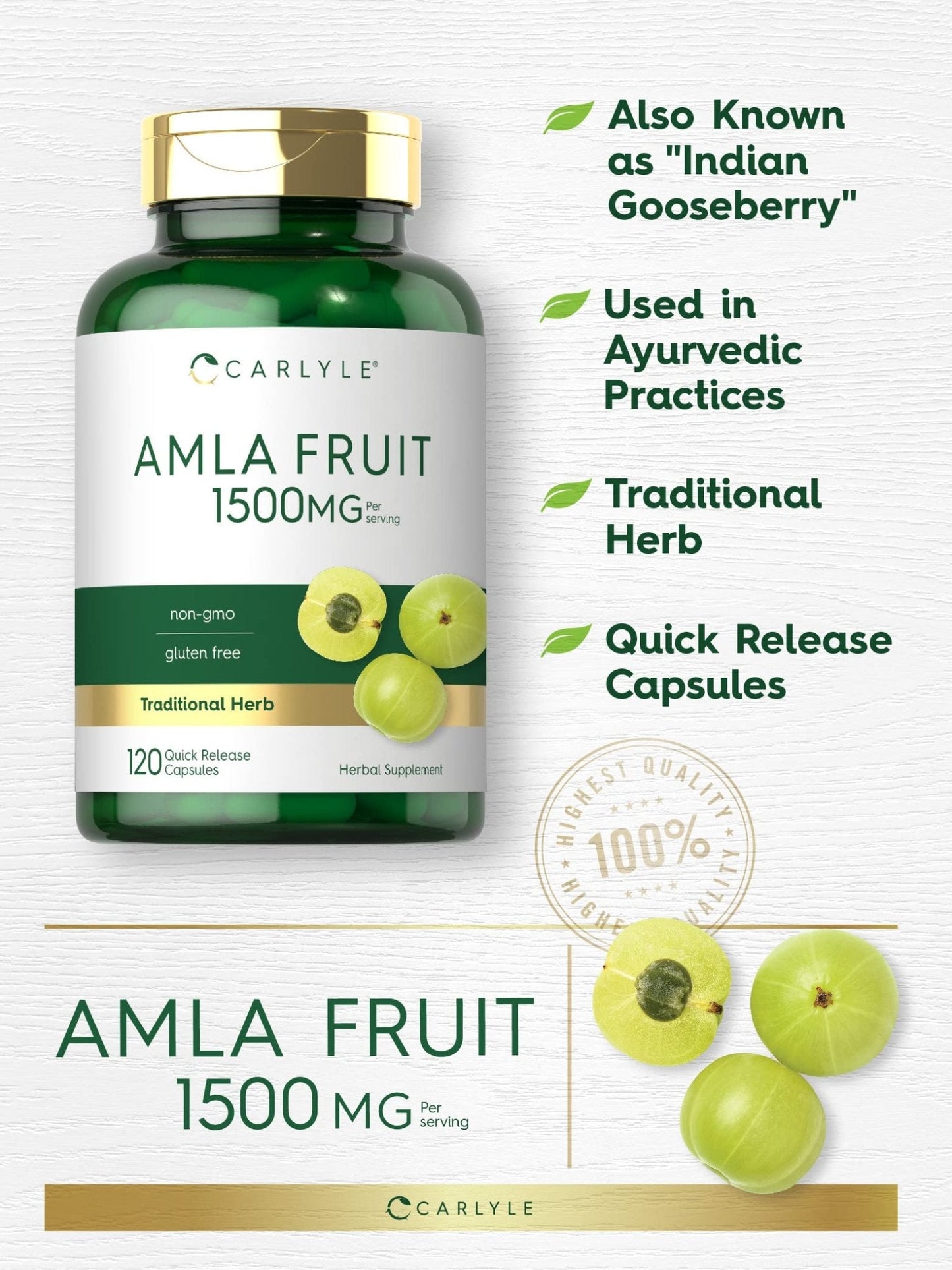 Carlyle Amla Capsules 1500mg | 120 Count | Amalaki Fruit | Herbal Extract Supplement | Non-GMO and Gluten Free - Maple Wellness Supplements