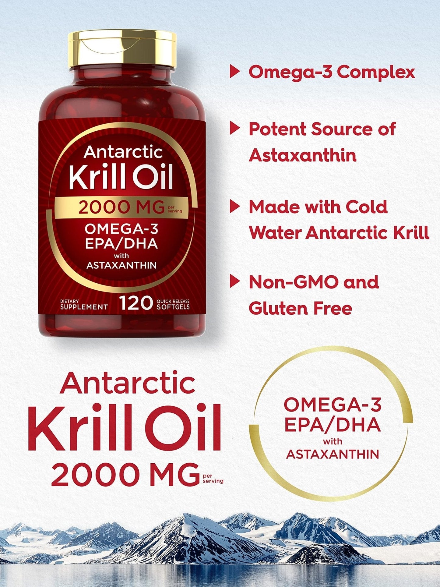 Carlyle Antarctic Krill Oil 2000 mg 120 Softgels | Omega-3 EPA, DHA, with Astaxanthin - Maple Wellness Supplements