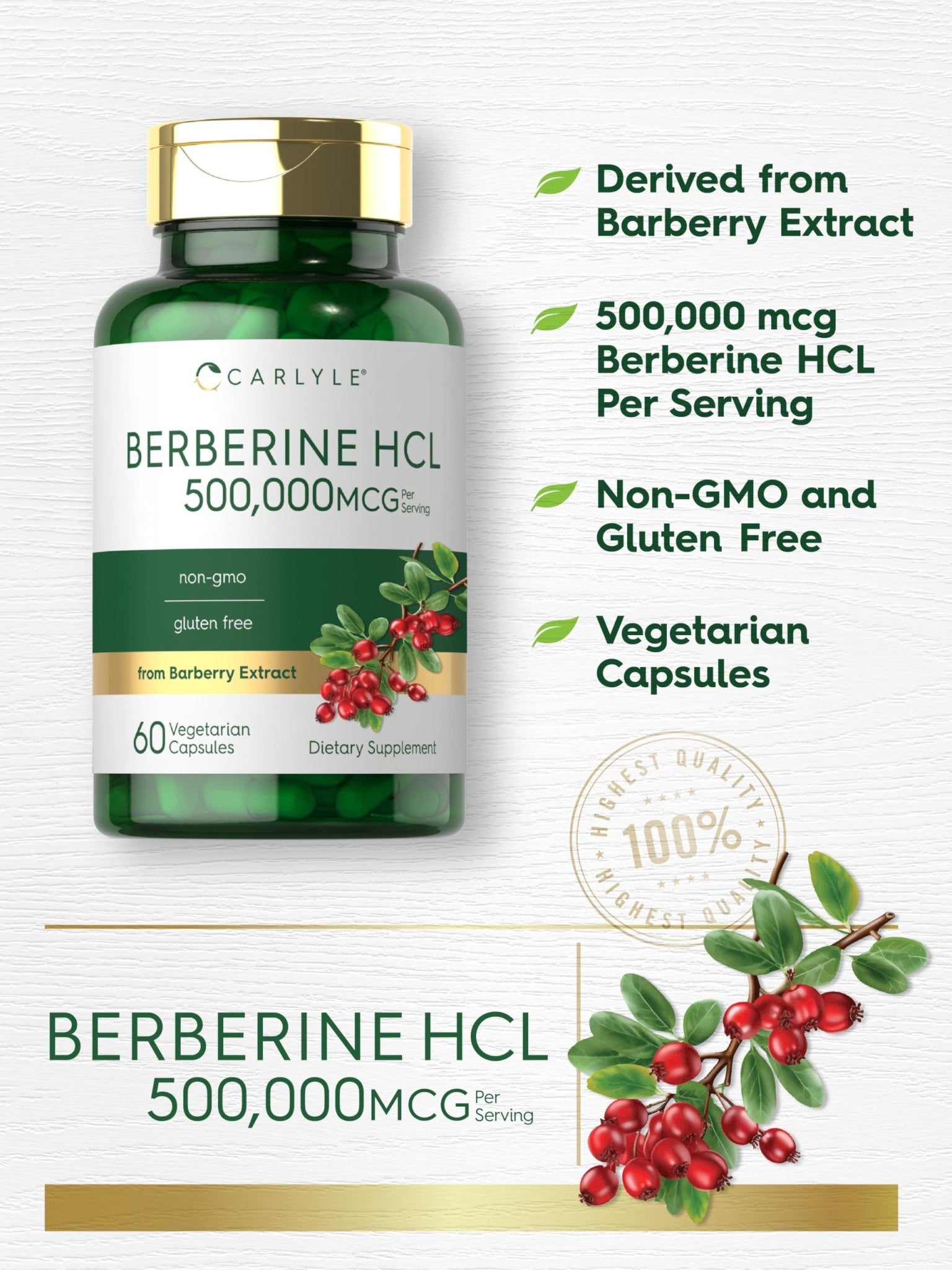 Carlyle Berberine HCL Supplement | 500,000mcg | 60 Capsules | Vegetarian, Non-GMO, Gluten Free - Maple Wellness Supplements