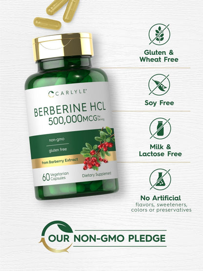 Carlyle Berberine HCL Supplement | 500,000mcg | 60 Capsules | Vegetarian, Non-GMO, Gluten Free - Maple Wellness Supplements