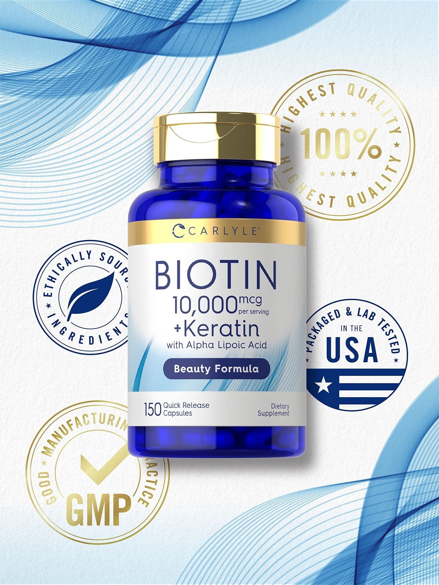 Carlyle Biotin 10000mcg | 150 Capsules | Beauty Formula with Keratin | Non-GMO, Gluten Free Supplement - Maple Wellness Supplements